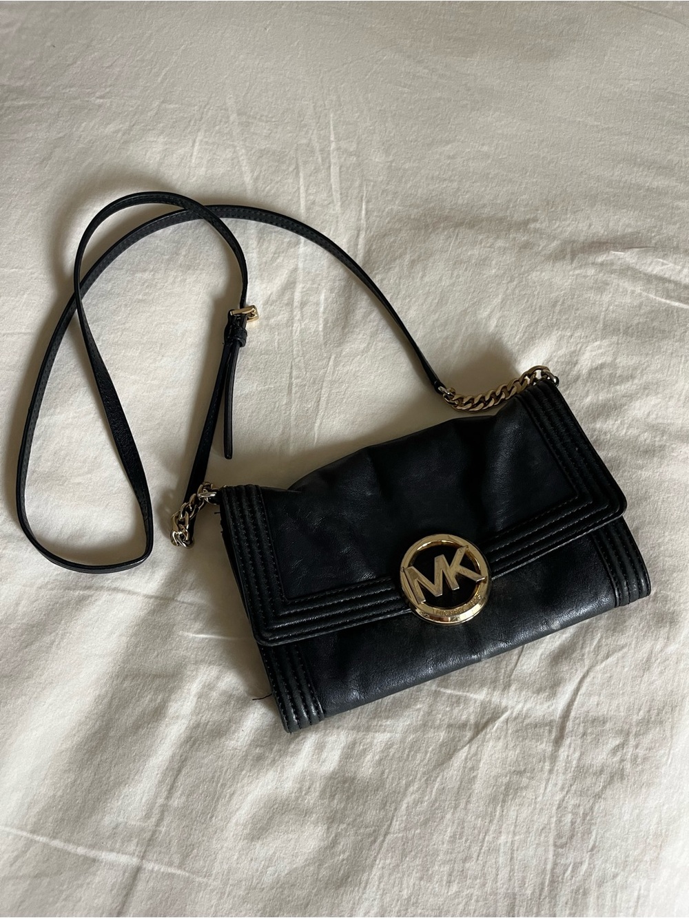 Michael Kors Black Leather MK Circle Logo Crossbody
